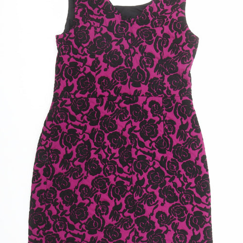 Pepperberry Womens Purple Floral Polyester Shift Size 14 Round Neck Zip