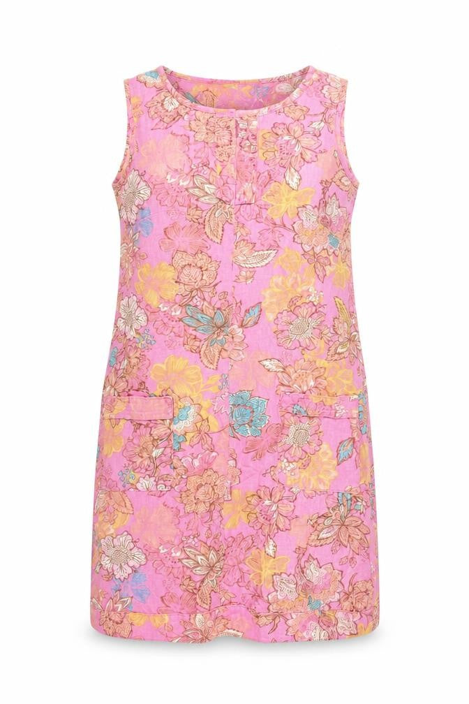 Front view of Next women’s pink floral linen a-line, size UK 8, v-neck pullover