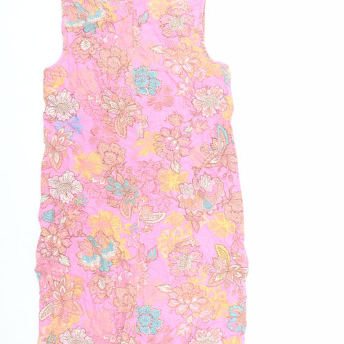 NEXT Womens Pink Floral Linen A-Line Size 8 V-Neck Pullover