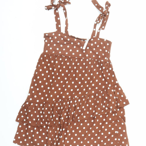 ASOS Womens Brown Polka Dot Cotton Tank Dress Size 10 Square Neck Tie