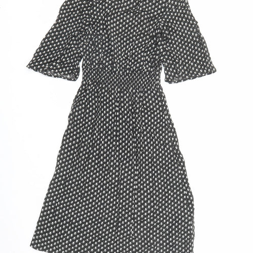 H&M Womens Black Geometric Viscose A-Line Size 4 Round Neck Button