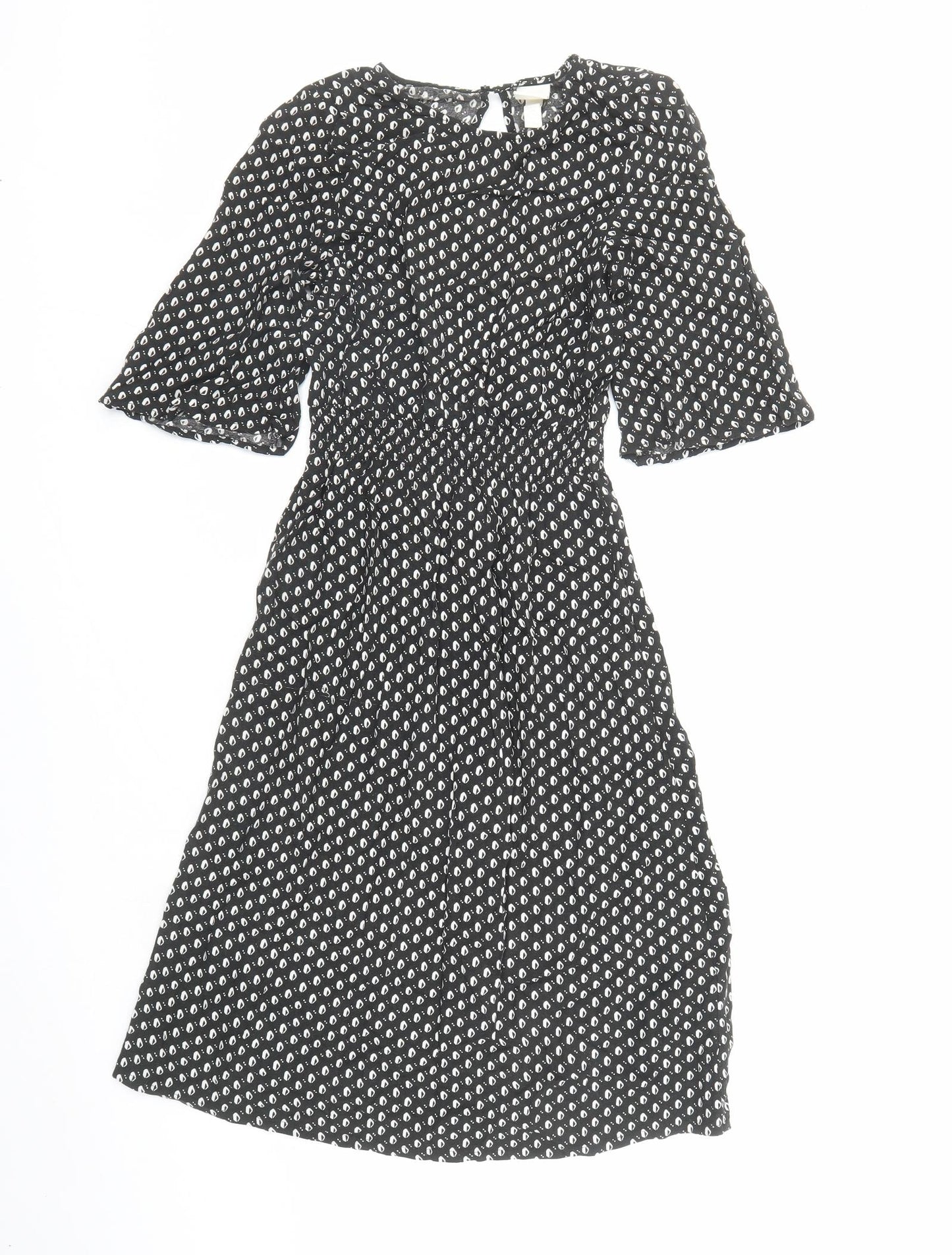 H&M Womens Black Geometric Viscose A-Line Size 4 Round Neck Button