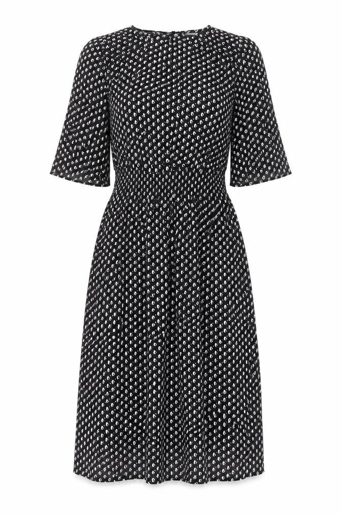 Front view of H&M women’s black geometric viscose a-line, size UK 4, round neck button