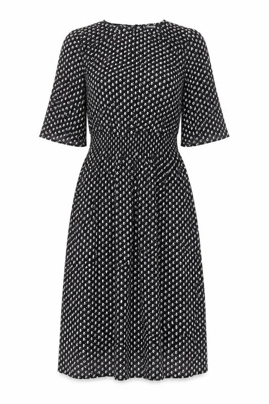 Front view of H&M women’s black geometric viscose a-line, size UK 4, round neck button