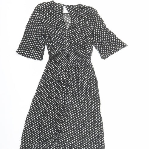 H&M Womens Black Geometric Viscose A-Line Size 4 Round Neck Button