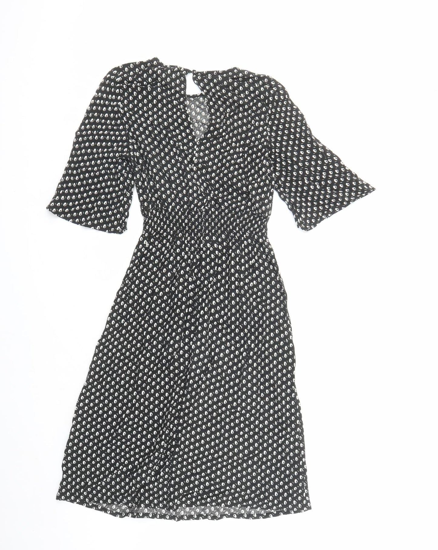 H&M Womens Black Geometric Viscose A-Line Size 4 Round Neck Button