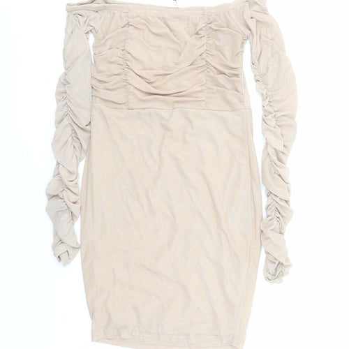 PRETTYLITTLETHING Womens Beige Polyester Bodycon Size 10 Off the Shoulder Pullover