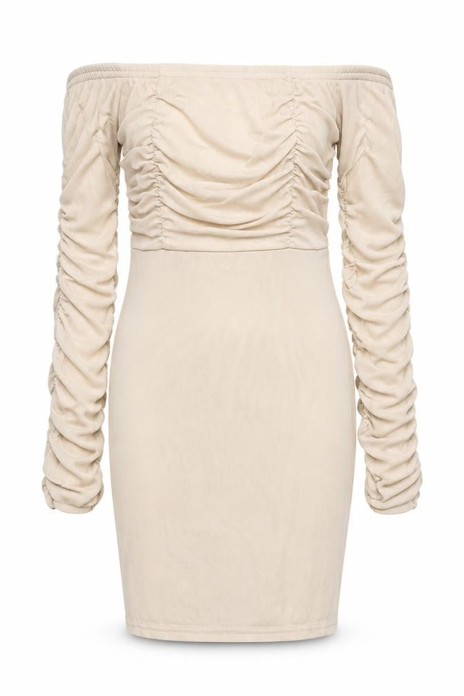 Front view of PRETTYLITTLETHING women’s beige polyester bodycon, size UK 10, off the shoulder pullover