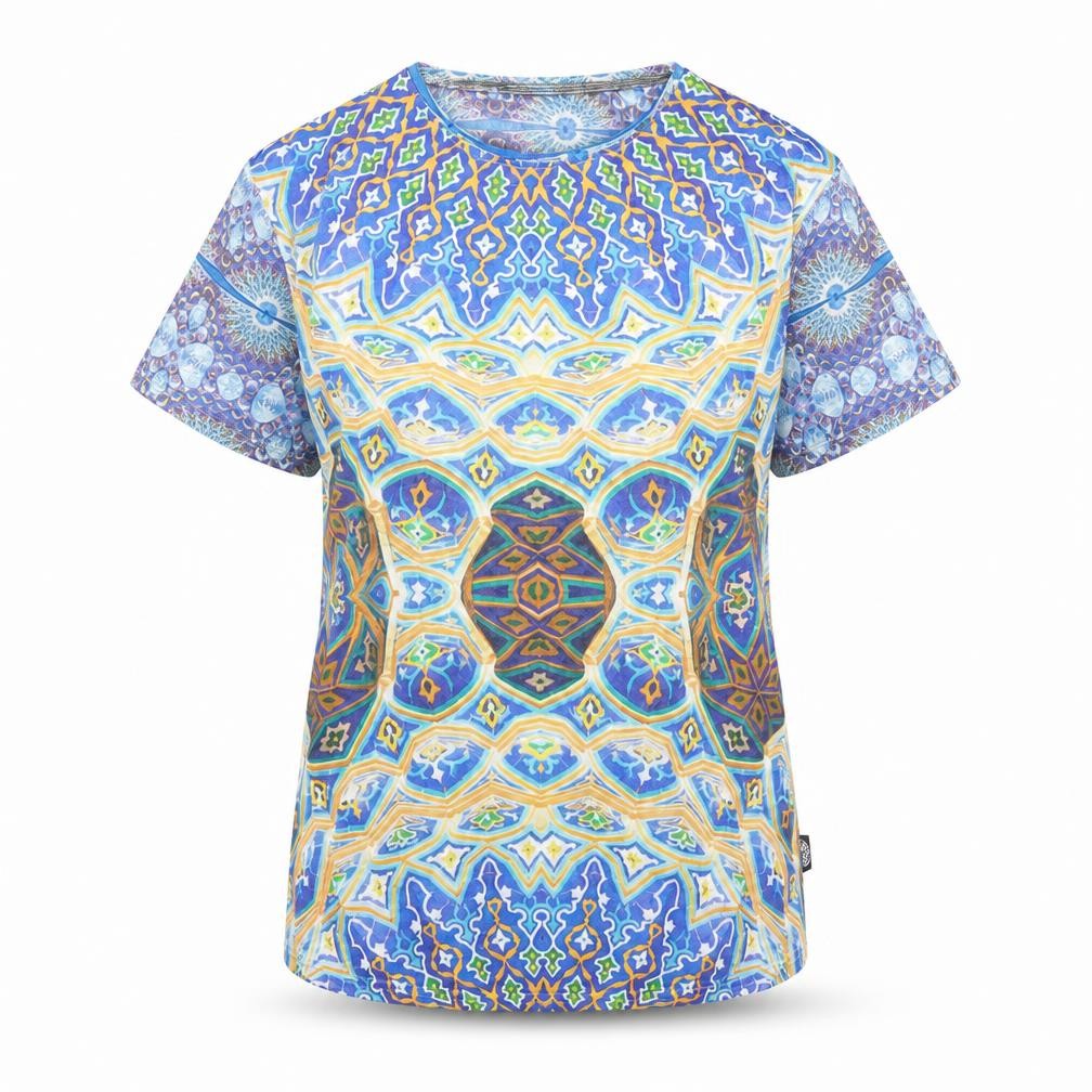 Front view of Cuckoo women’s multicoloured geometric polyester basic t-shirt, size M, round neck