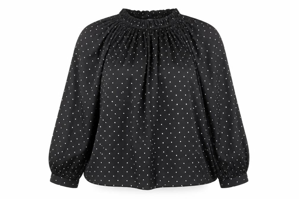 Front view of Marks & Spencer women’s black geometric polyester basic blouse, size UK 12, round neck