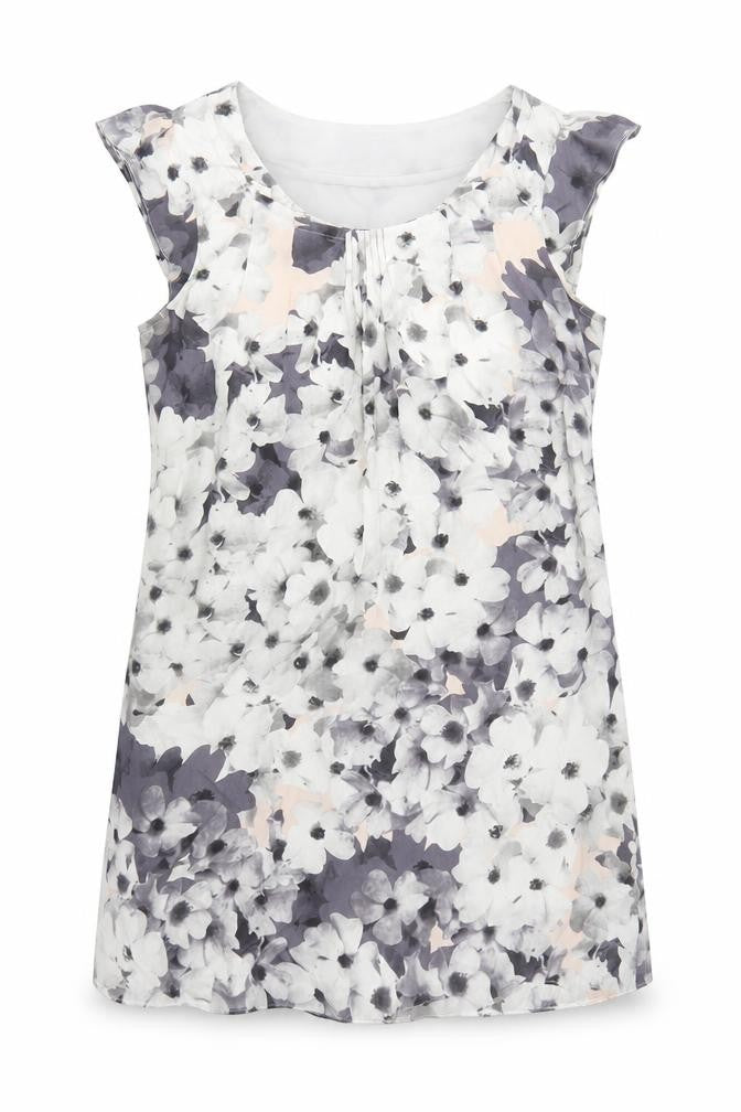 Front view of Oasis women’s grey floral silk a-line, size UK 10, round neck pullover