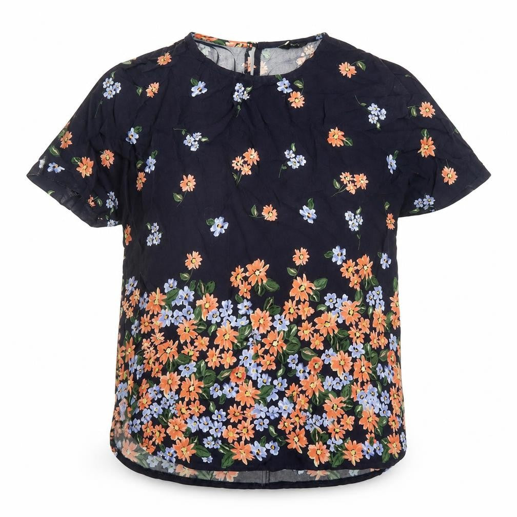 Front view of M&Co women’s blue floral viscose basic blouse, size UK 8, round neck