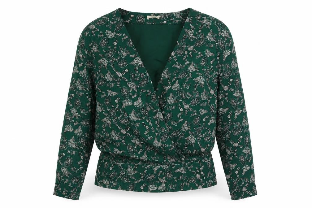 Front view of Amichi women’s green paisley polyester wrap blouse, size M, v-neck
