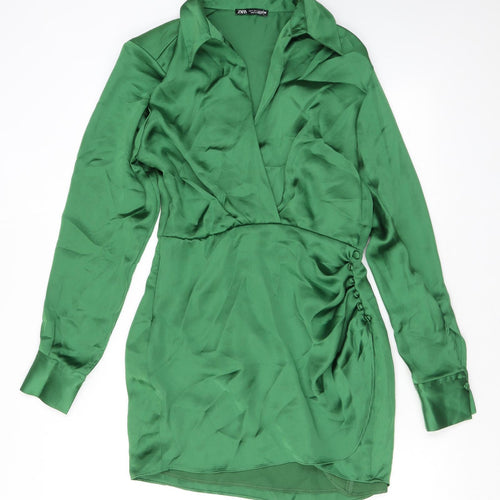 Zara Womens Green Polyester Shirt Dress Size S Collared Pullover