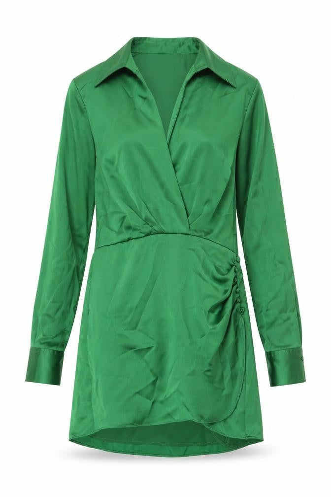 Front view of Zara women’s green polyester shirt dress, size S, collared pullover