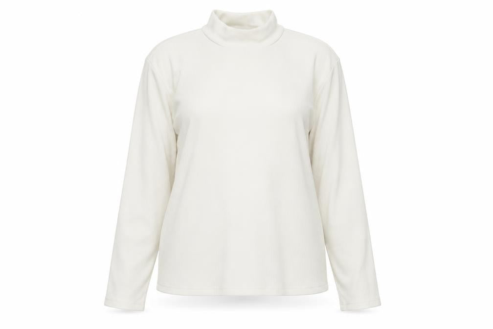 Front view of H&M women’s ivory polyester jersey t-shirt, size XL, mock neck