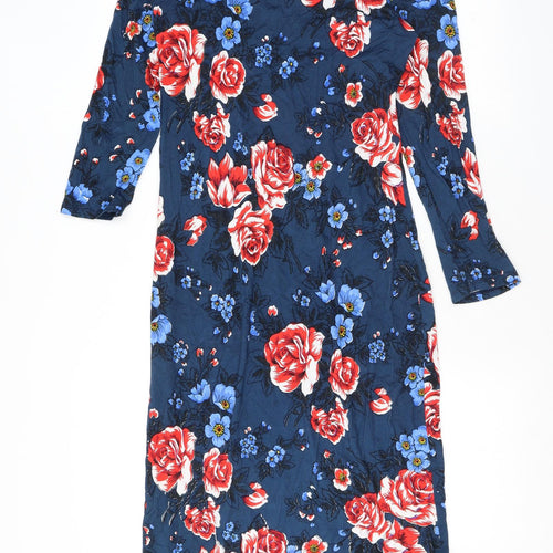 Ruby Rocks Womens Blue Floral Viscose Sheath Size 14 Round Neck Pullover
