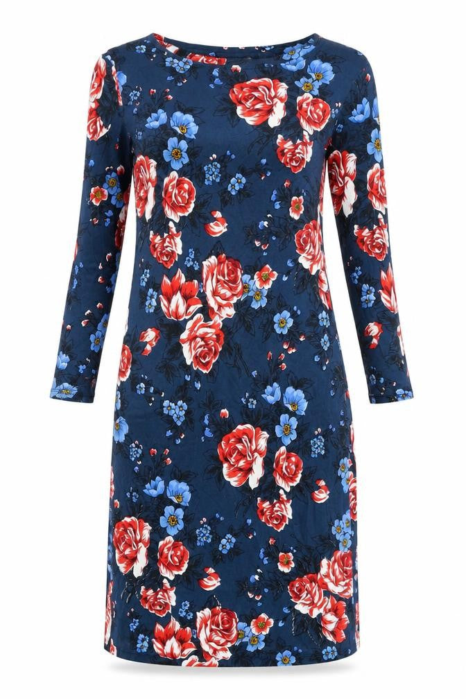Front view of Ruby Rocks women’s blue floral viscose sheath, size UK 14, round neck pullover