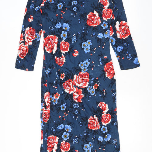 Ruby Rocks Womens Blue Floral Viscose Sheath Size 14 Round Neck Pullover