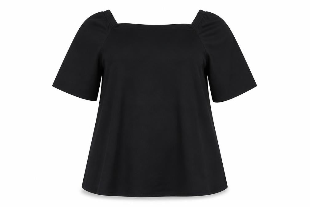 Front view of Boohoo women’s black polyester basic blouse, size UK 8, off the shoulder