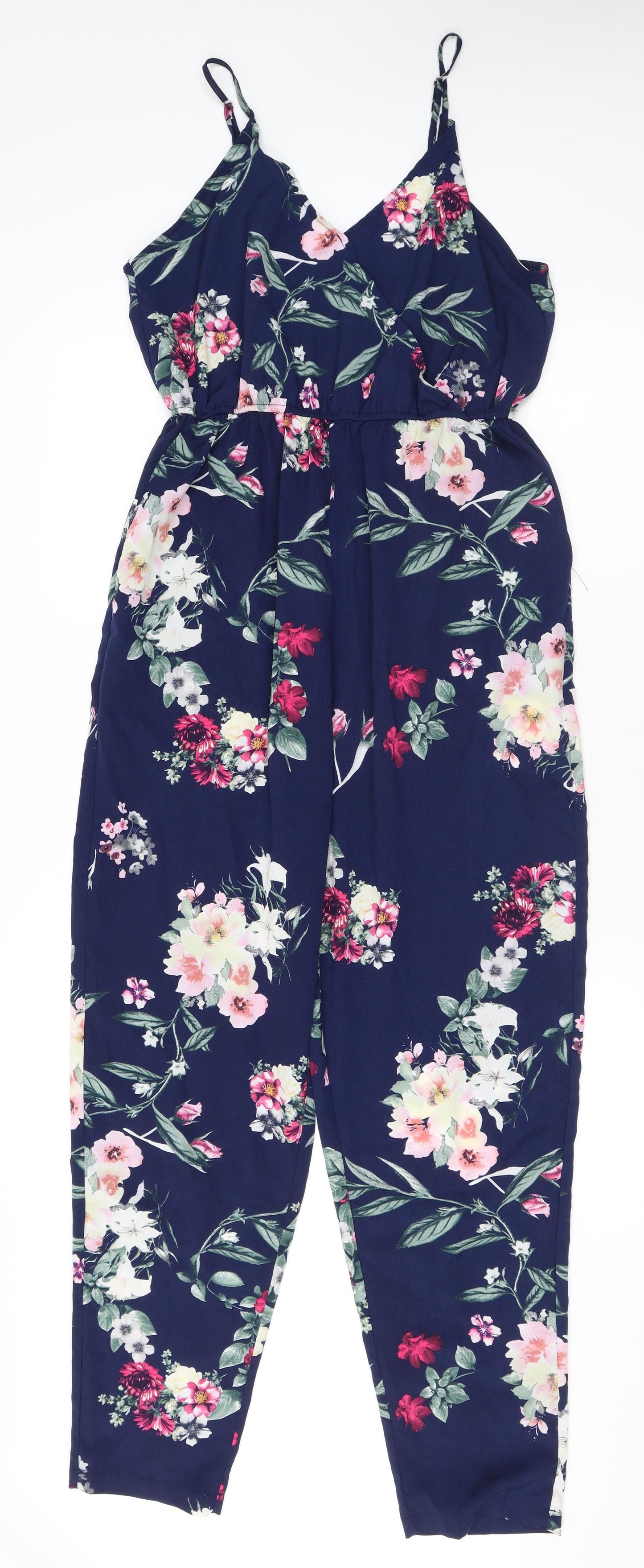 PRETTYLITTLETHING Womens Blue Floral Polyester Jumpsuit One-Piece Size 12 L28 in Pullover - Elastic Waist