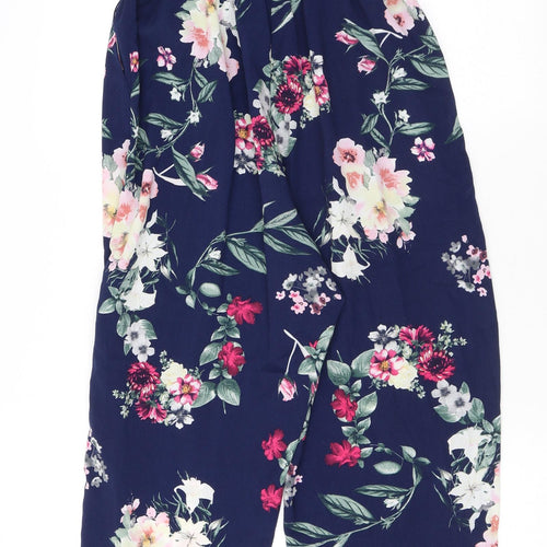 PRETTYLITTLETHING Womens Blue Floral Polyester Jumpsuit One-Piece Size 12 L28 in Pullover - Elastic Waist