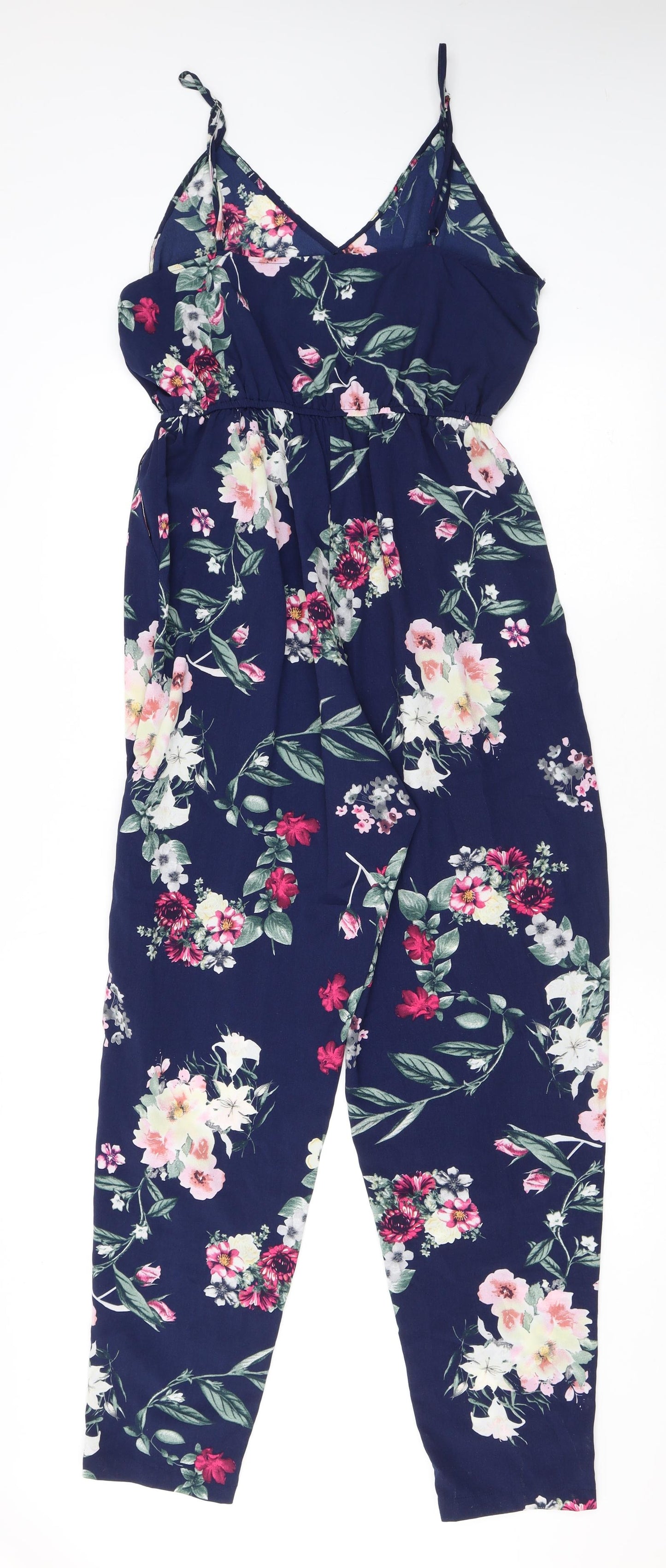 PRETTYLITTLETHING Womens Blue Floral Polyester Jumpsuit One-Piece Size 12 L28 in Pullover - Elastic Waist