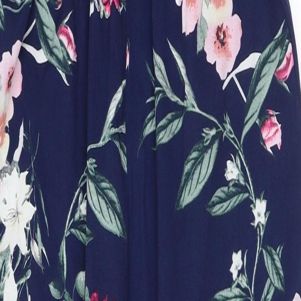 PRETTYLITTLETHING Womens Blue Floral Polyester Jumpsuit One-Piece Size 12 L28 in Pullover - Elastic Waist
