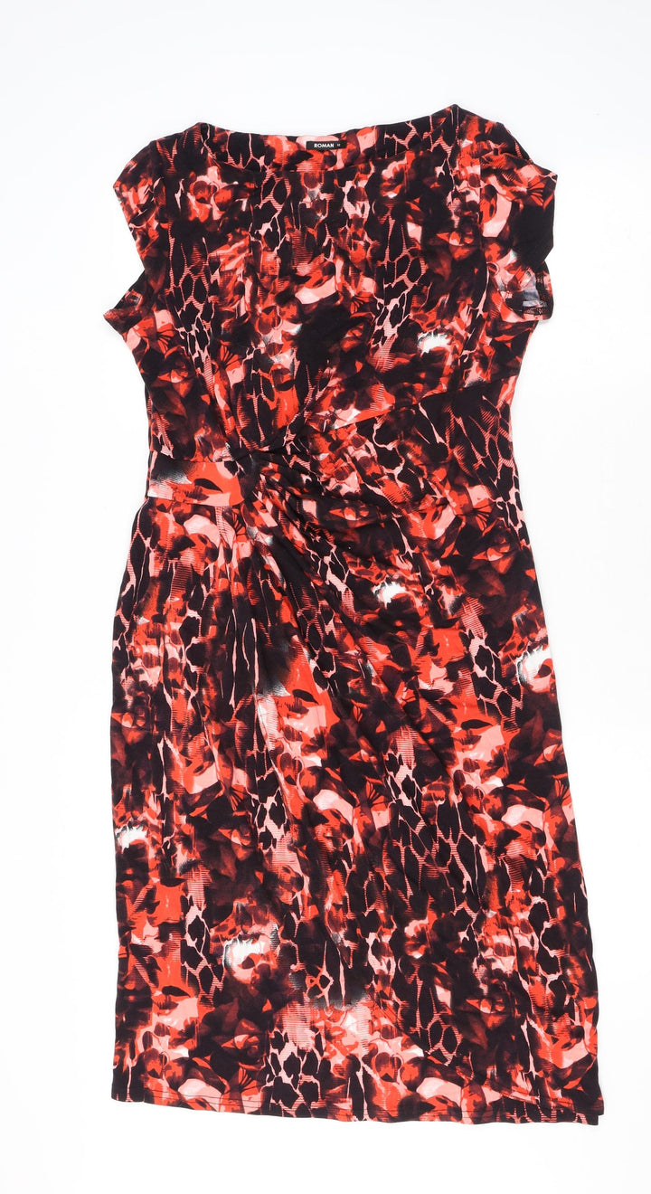 Roman Womens Red Animal Print Viscose Sheath Size 12 Round Neck Pullover