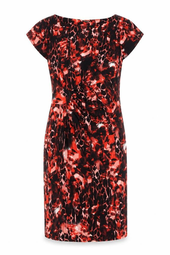 Front view of Roman women’s red animal print viscose sheath, size UK 12, round neck pullover