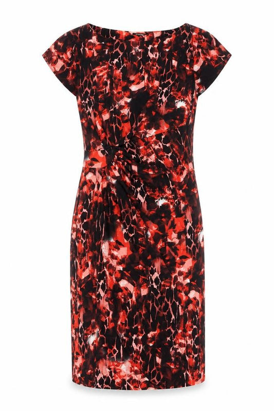 Front view of Roman women’s red animal print viscose sheath, size UK 12, round neck pullover