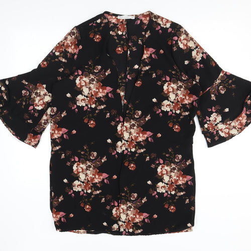 Style Therapy Womens Black Floral Polyester Kimono Blouse Size M V-Neck - Flared Sleeve