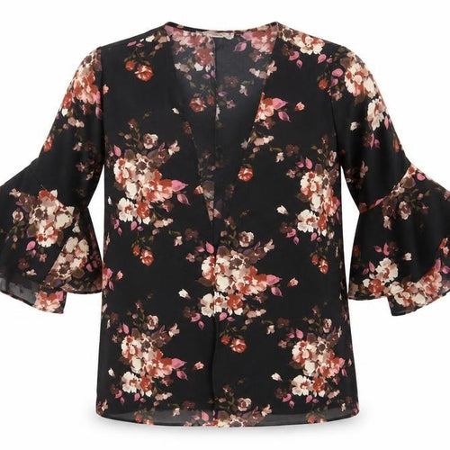 Style Therapy Womens Black Floral Polyester Kimono Blouse Size M V-Neck - Flared Sleeve