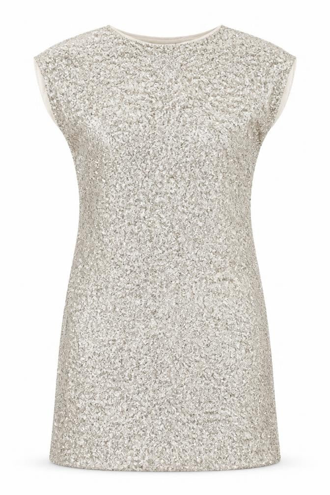 Front view of Warehouse women’s pink polyester t-shirt dress, size UK 8, boat neck pullover - sequins