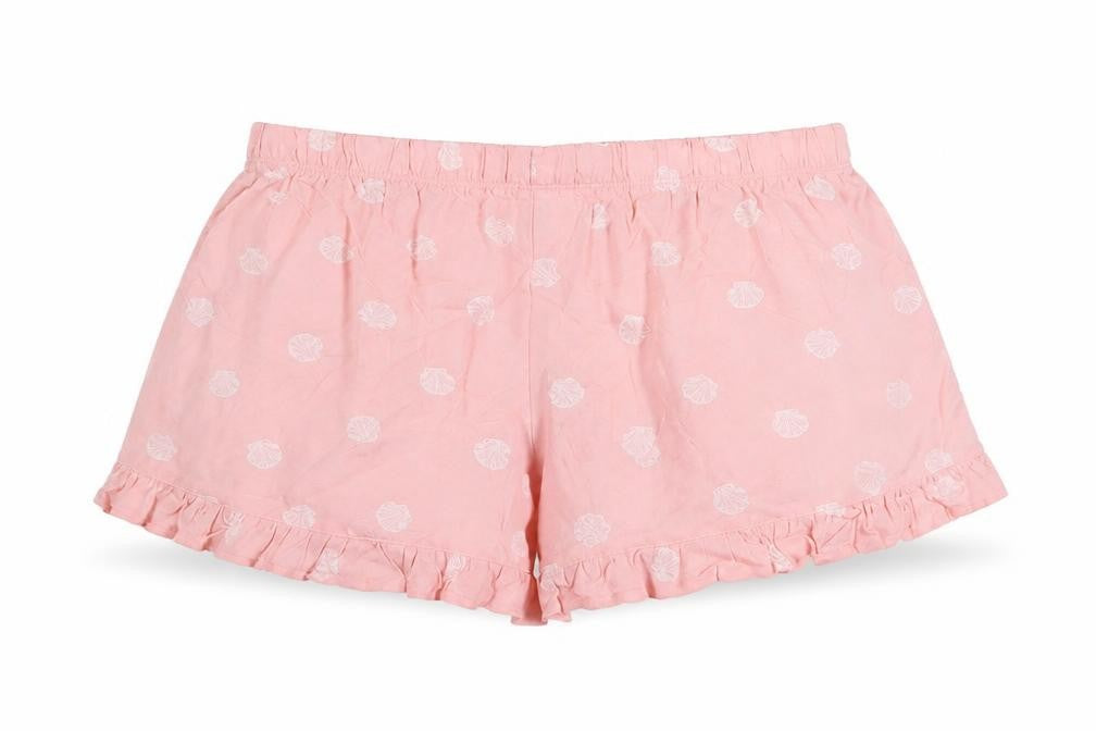 Front view of Marks & Spencer women’s pink geometric viscose basic shorts, size UK 6 regular pull on - seashells print