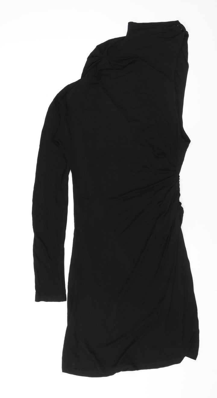 Zara Womens Black Viscose Bodycon Size L Mock Neck Snap - One shoulder