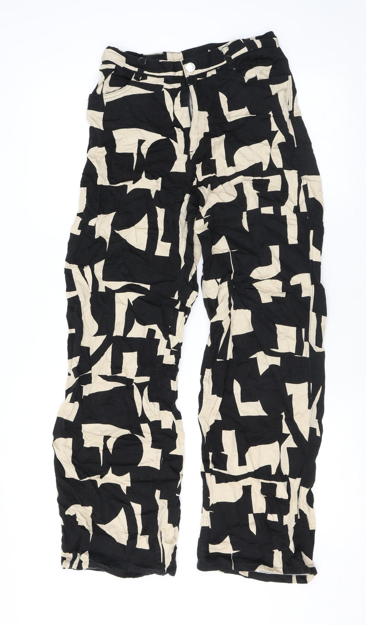 Monki Womens Black Geometric Viscose Trousers Size 6 L29 in Regular Zip