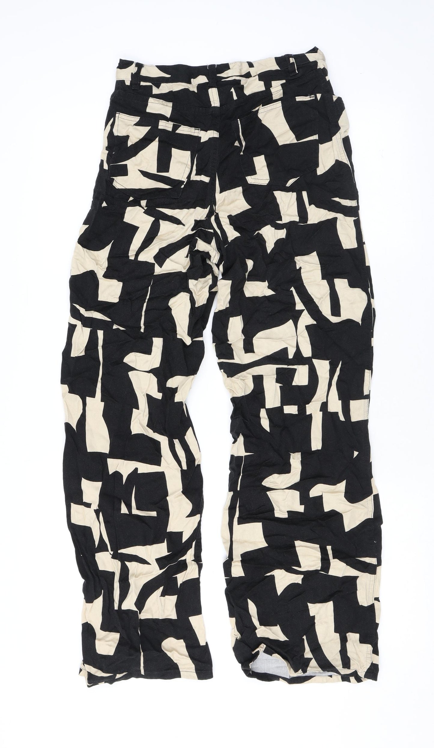 Monki Womens Black Geometric Viscose Trousers Size 6 L29 in Regular Zip