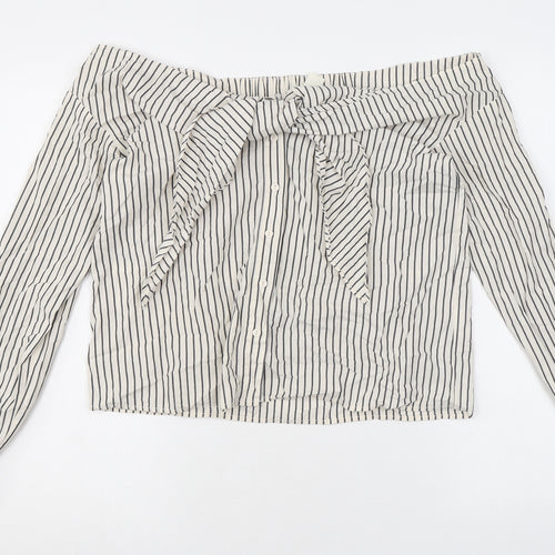 H&M Womens Ivory Striped Cotton Basic Button-Up Size 10 Off the Shoulder - Tie Front Detail