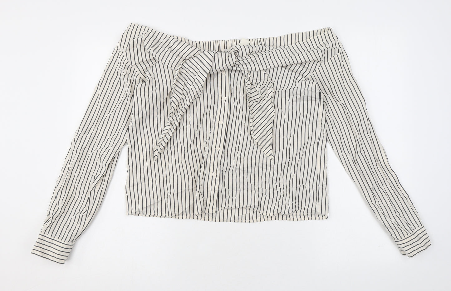 H&M Womens Ivory Striped Cotton Basic Button-Up Size 10 Off the Shoulder - Tie Front Detail