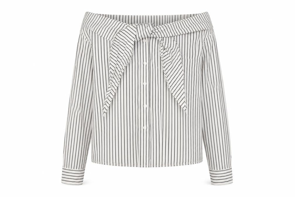 Front view of H&M women’s ivory striped cotton basic button-up, size UK 10, off the shoulder - tie front detail