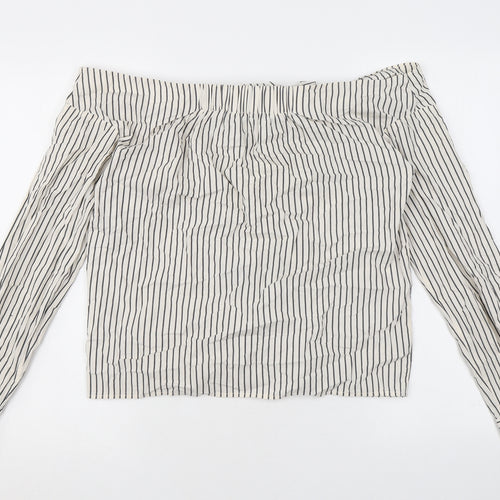 H&M Womens Ivory Striped Cotton Basic Button-Up Size 10 Off the Shoulder - Tie Front Detail