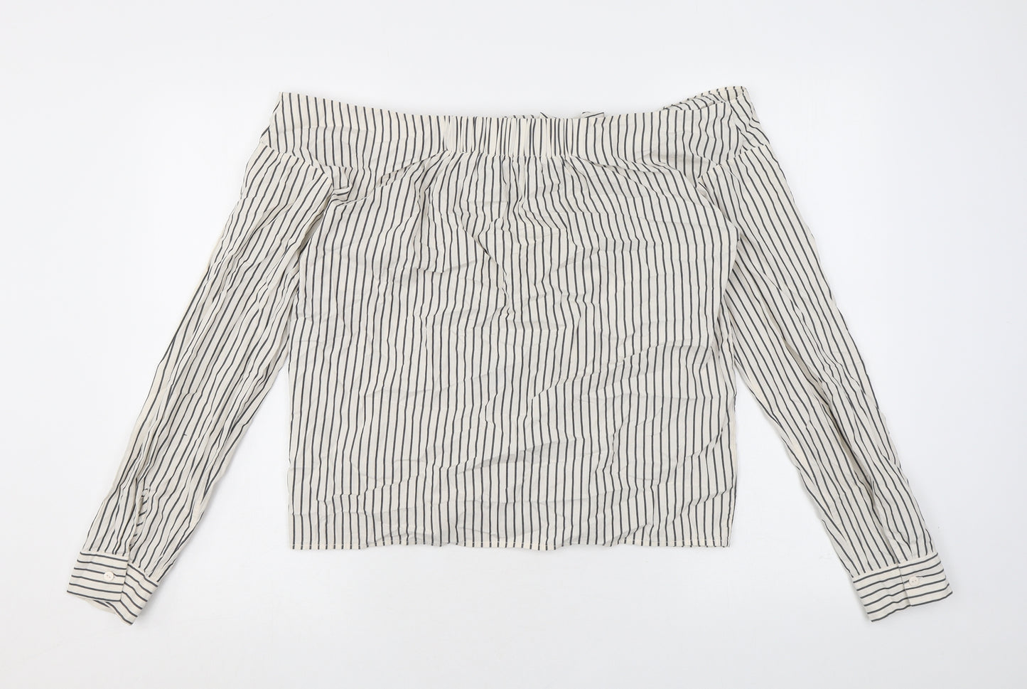 H&M Womens Ivory Striped Cotton Basic Button-Up Size 10 Off the Shoulder - Tie Front Detail