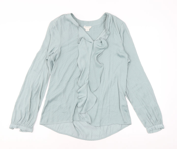 Monsoon Womens Blue Polka Dot Polyester Basic Blouse Size 10 V-Neck - Ruffle