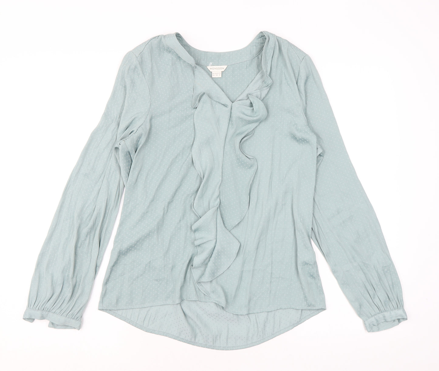 Monsoon Womens Blue Polka Dot Polyester Basic Blouse Size 10 V-Neck - Ruffle