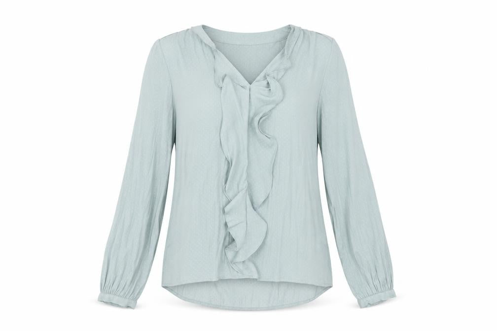 Front view of Monsoon women’s blue polka dot polyester basic blouse, size UK 10, v-neck - ruffle