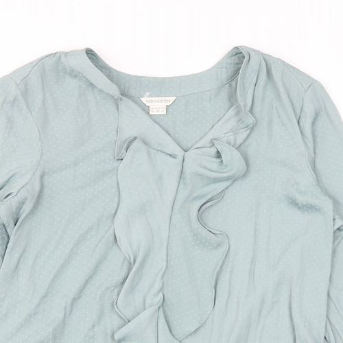 Monsoon Womens Blue Polka Dot Polyester Basic Blouse Size 10 V-Neck - Ruffle