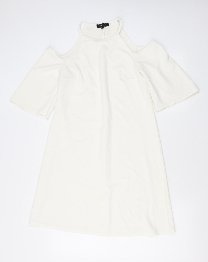 New Look Womens White Polyester Mini Size 8 Halter Pullover - Cold Shoulder