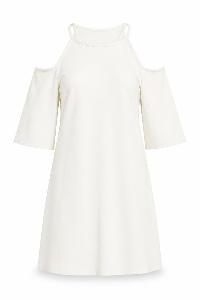 Front view of New Look women’s white polyester mini, size UK 8, halter pullover - cold shoulder