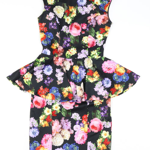 Topshop Womens Black Floral Polyester Bodycon Size 8 Round Neck Zip - Peplum